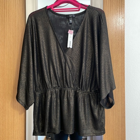 Aqua Curve 1X black gold dress blouse V neck elastic under bust flowy bottom NWT - Picture 1 of 14